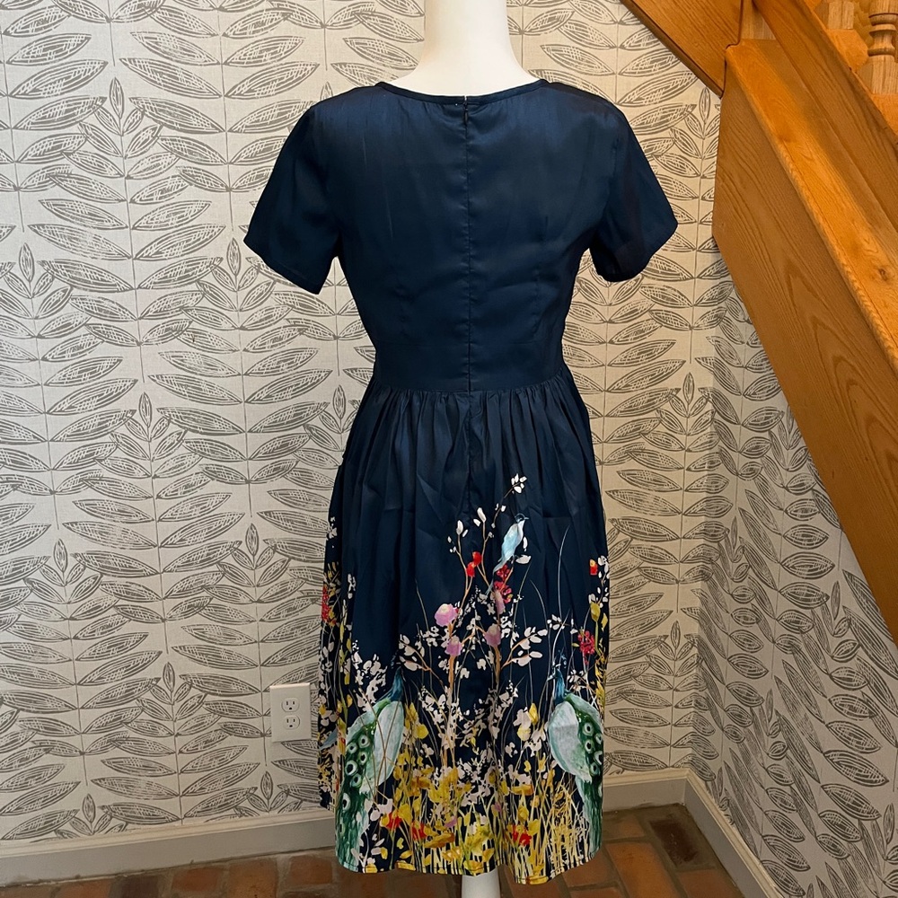Navy Floral Peplum Midi Dress with Ribbon Tie - Picture 2 of 5